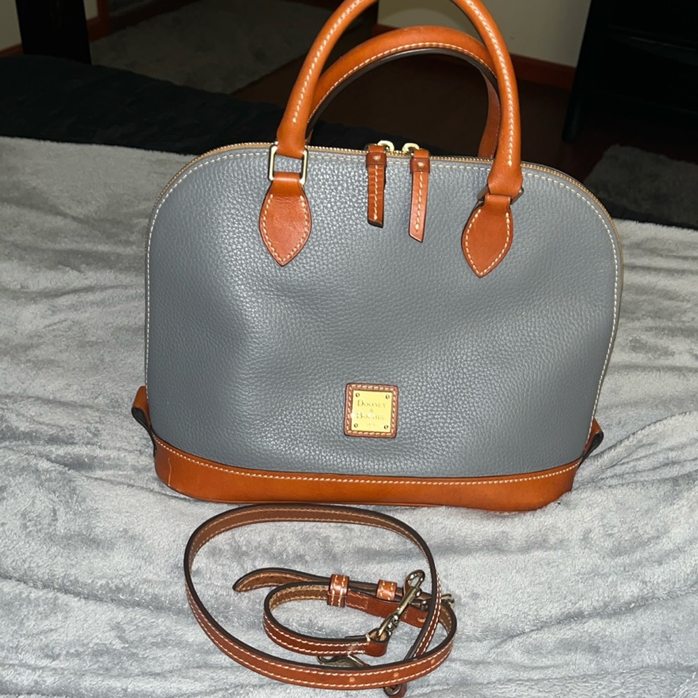 Dooney Bourke Gray Pebble Zip Zip Satchel Dome Tote Handbag Purse Carryall